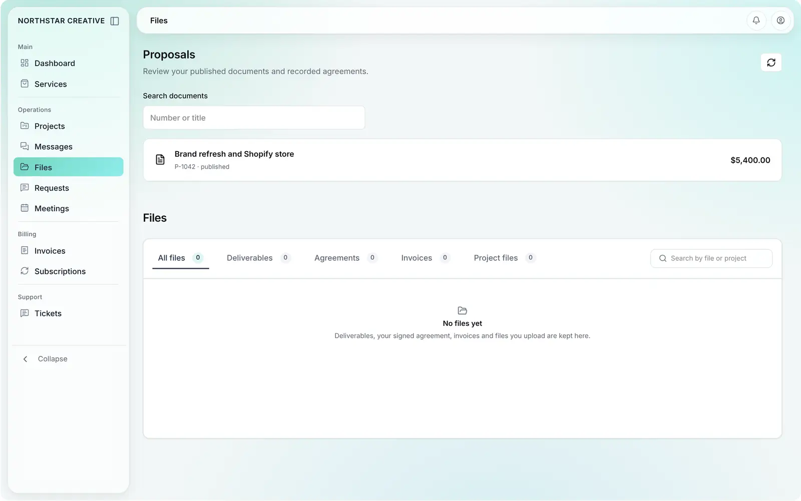 Tayvo product demo on demo data, starting on the client portal's Proposals list