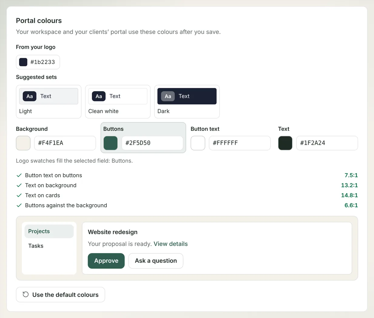 Brand kit with background and button colors set and contrast checks passing