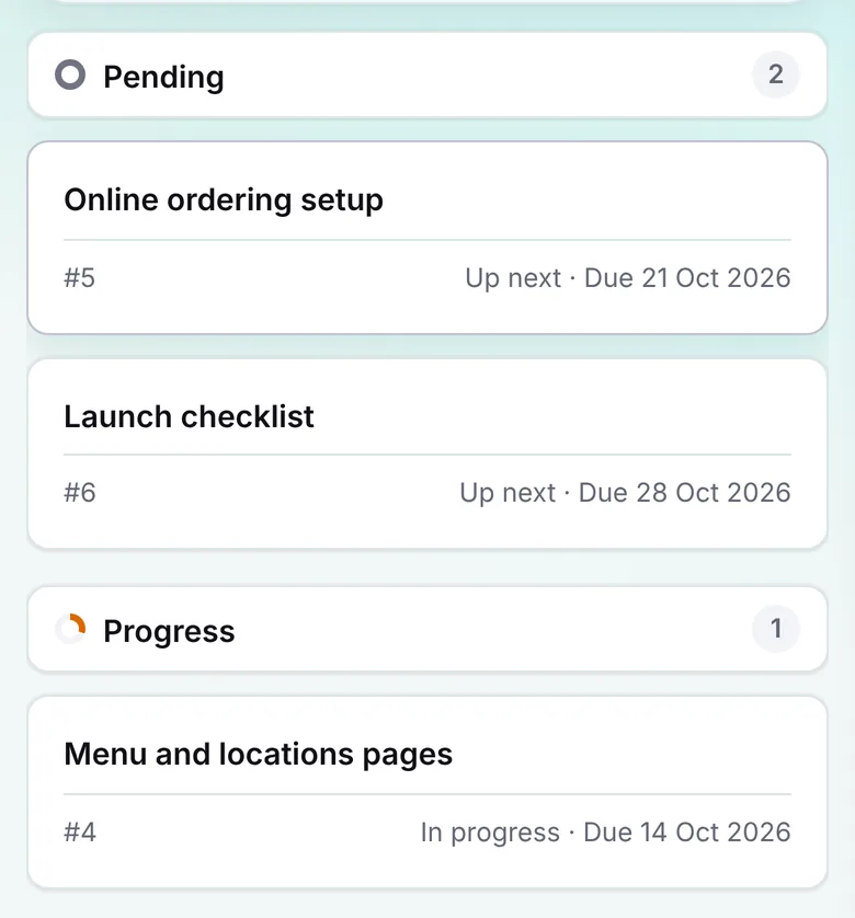 Client project board showing the Pending and Progress columns