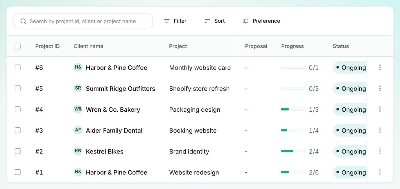 Studio Projects list with 6 demo projects, each with its client name